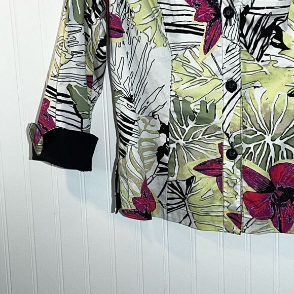 ZOZO Button Up Tropical Floral Top Women’s Large Black/White Multicolor Cuffed - Picture 4 of 10